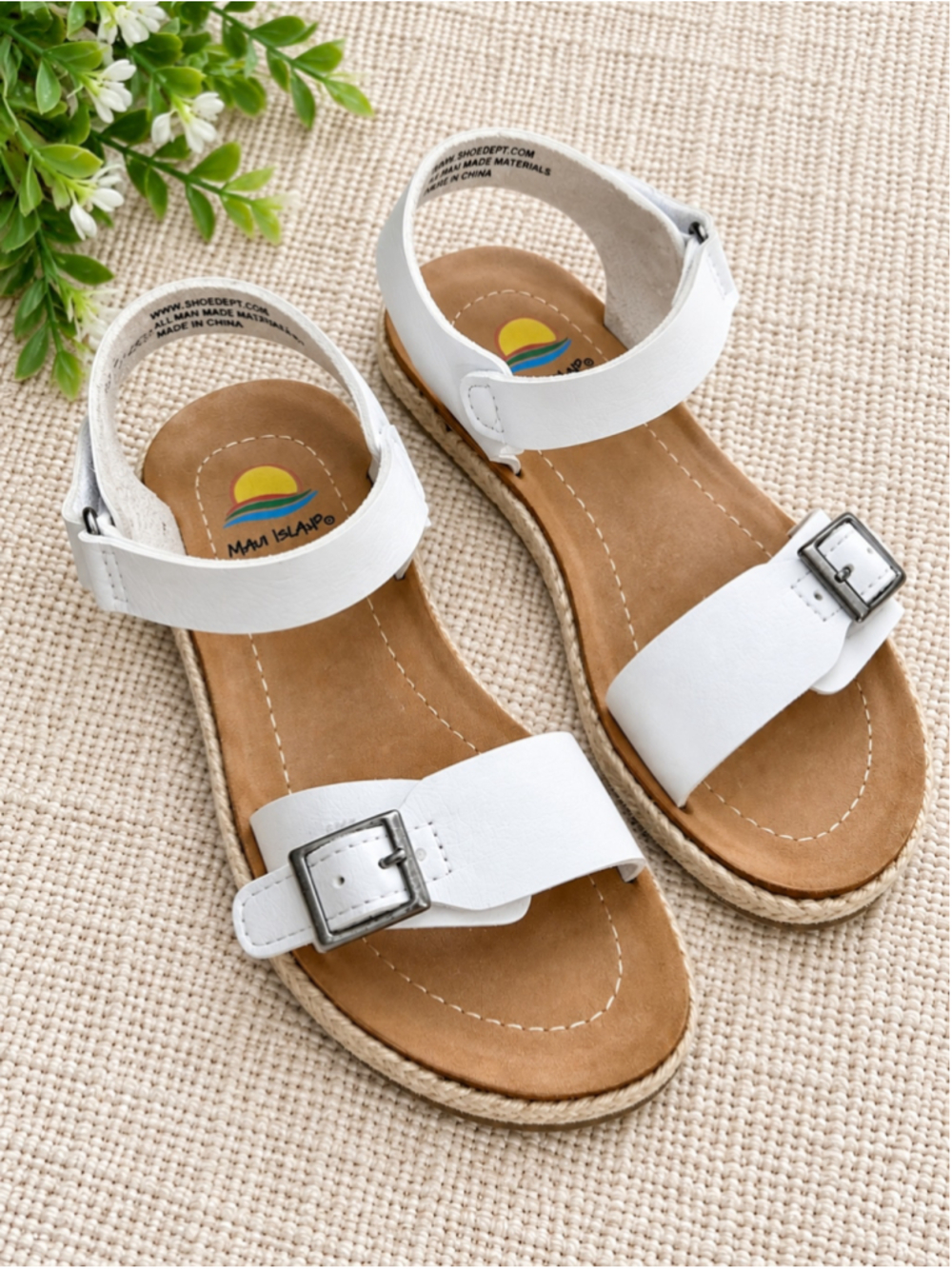 Kids Maui Island Sandals Size 9 White Tan Buckle Strap